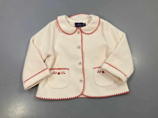 Gilet écru polaire col claudine, bordure festonnée rose, poches brodées, moins cher chez Petit Kiwi