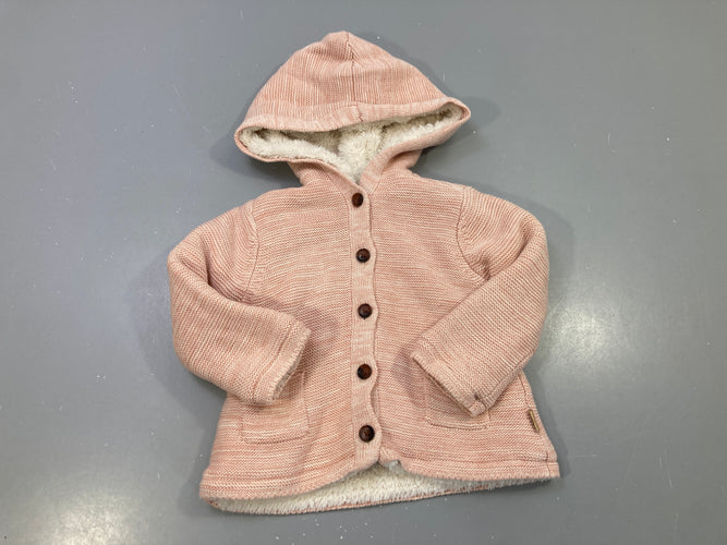 Gilet rose chiné maille capuche, doublure fausse fourrure, moins cher chez Petit Kiwi