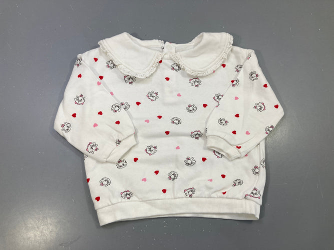 Sweat blanc Marie Aristochats et coeurs, col claudine dentelle, moins cher chez Petit Kiwi