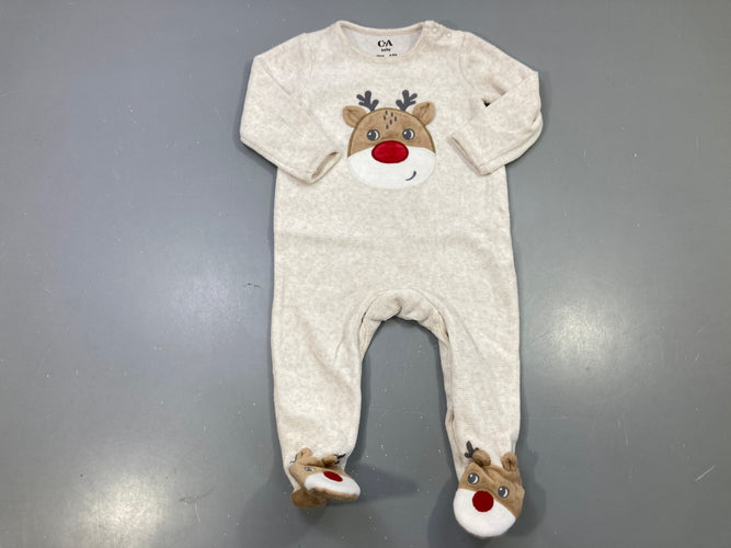 Pyjama velours beige chiné renne, pieds renne, Noël, moins cher chez Petit Kiwi