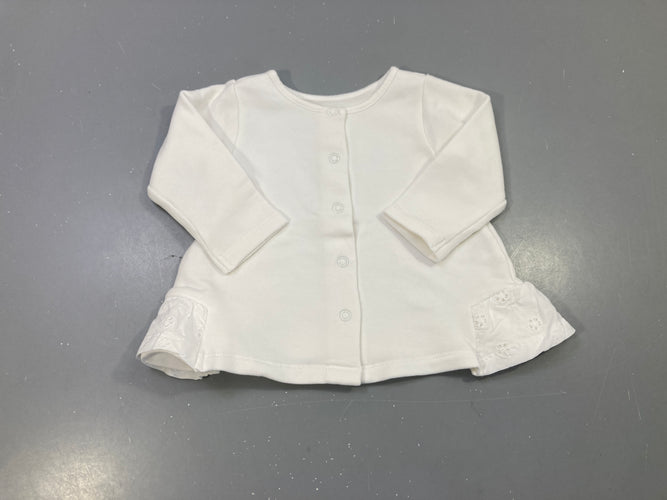 Gilet blanc molleton, pressions, volants broderie anglaise, moins cher chez Petit Kiwi