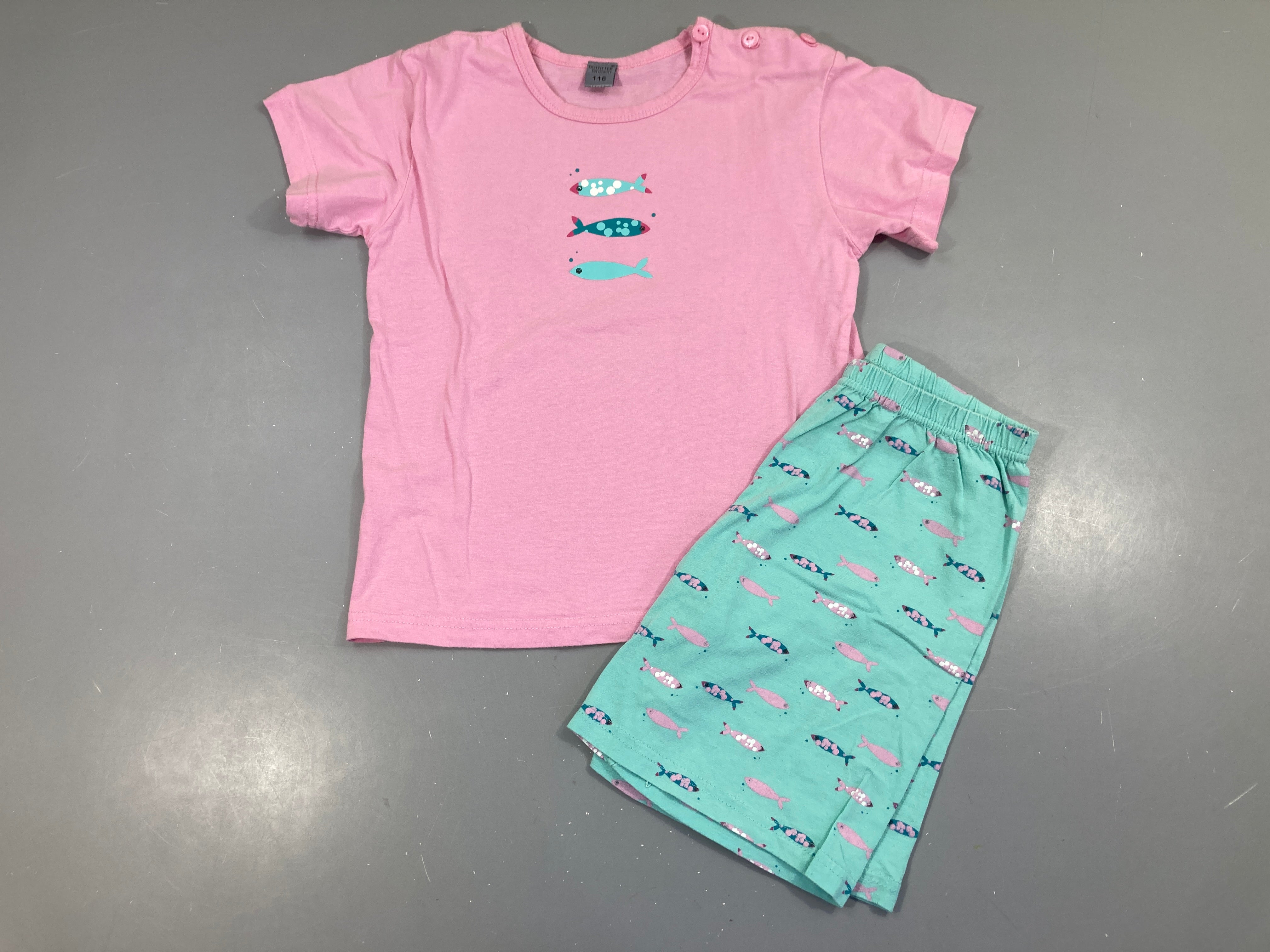 Pyjashort 2pcs jersey rose /bleu poissons, bouloché
