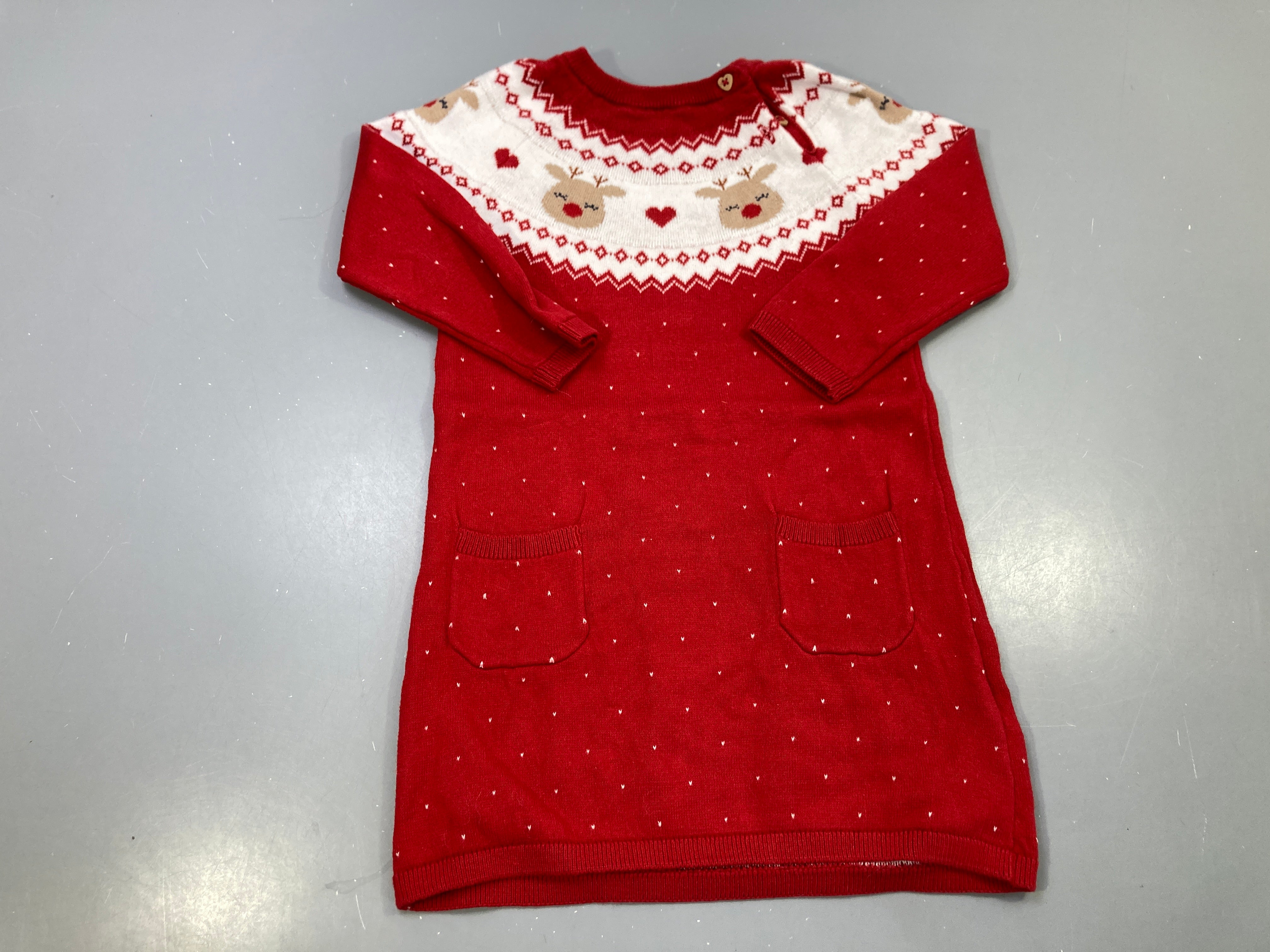 Robe pull m.l rouge maille jacquard rennes et coeurs, poches, Noël