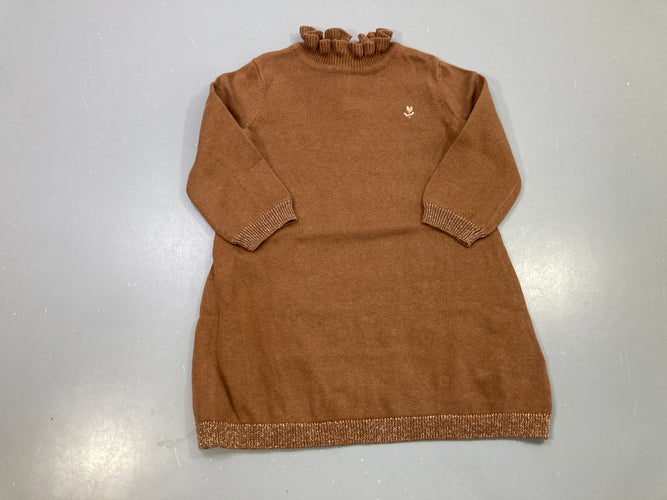 Robe pull m.l marron maille col volanté, bords sequins dorés, moins cher chez Petit Kiwi