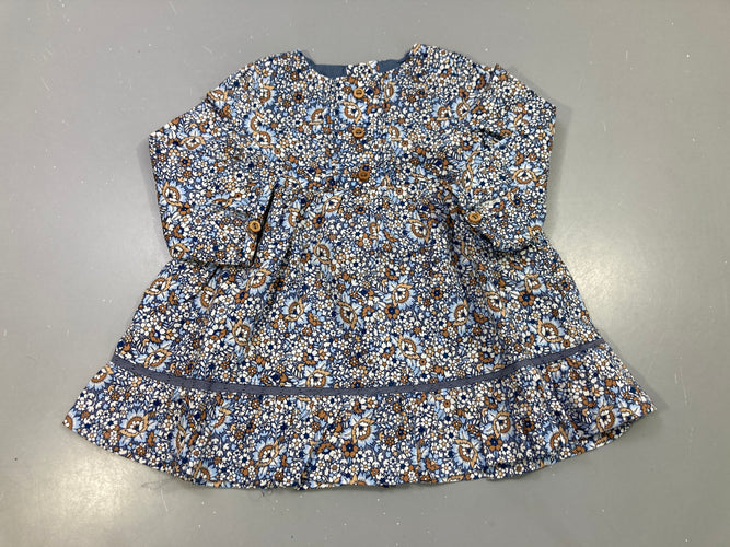 Robe m.l bleue fleurie, boutons bois, volant galonné, moins cher chez Petit Kiwi