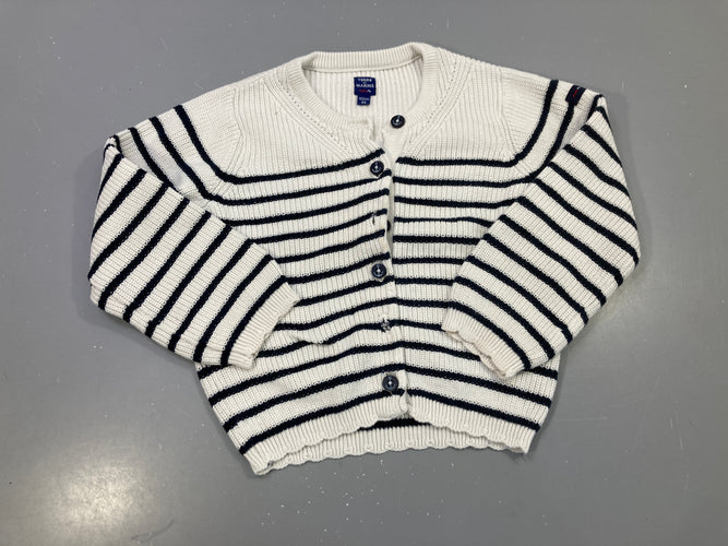 Gilet écru rayé marine maille, boutons ancre, bas festonné, moins cher chez Petit Kiwi