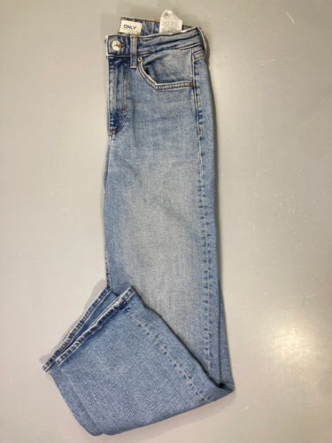Pantalon jean bleu clair taille haute, jambe droite large, 25/30, moins cher chez Petit Kiwi