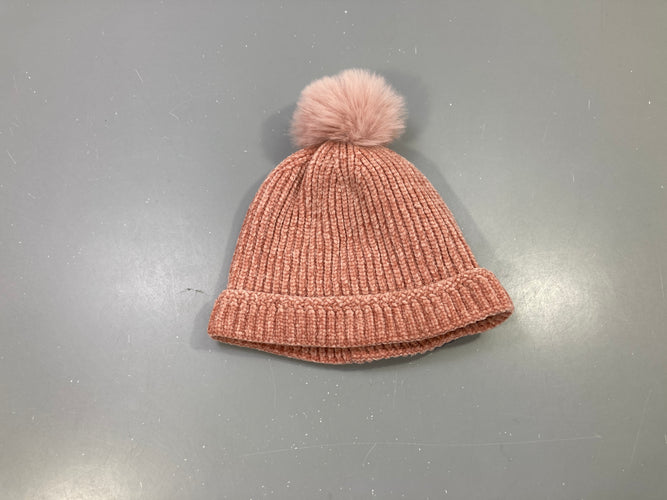 Bonnet vieux rose chenille côtelée, pompon fausse fourrure, moins cher chez Petit Kiwi