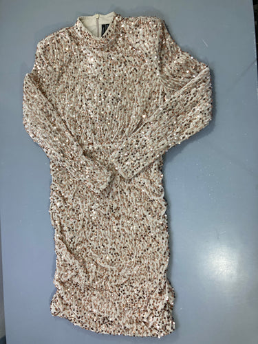 Robe m.l beige velours sequins cuivrés, col montant, Vero Moda, moins cher chez Petit Kiwi