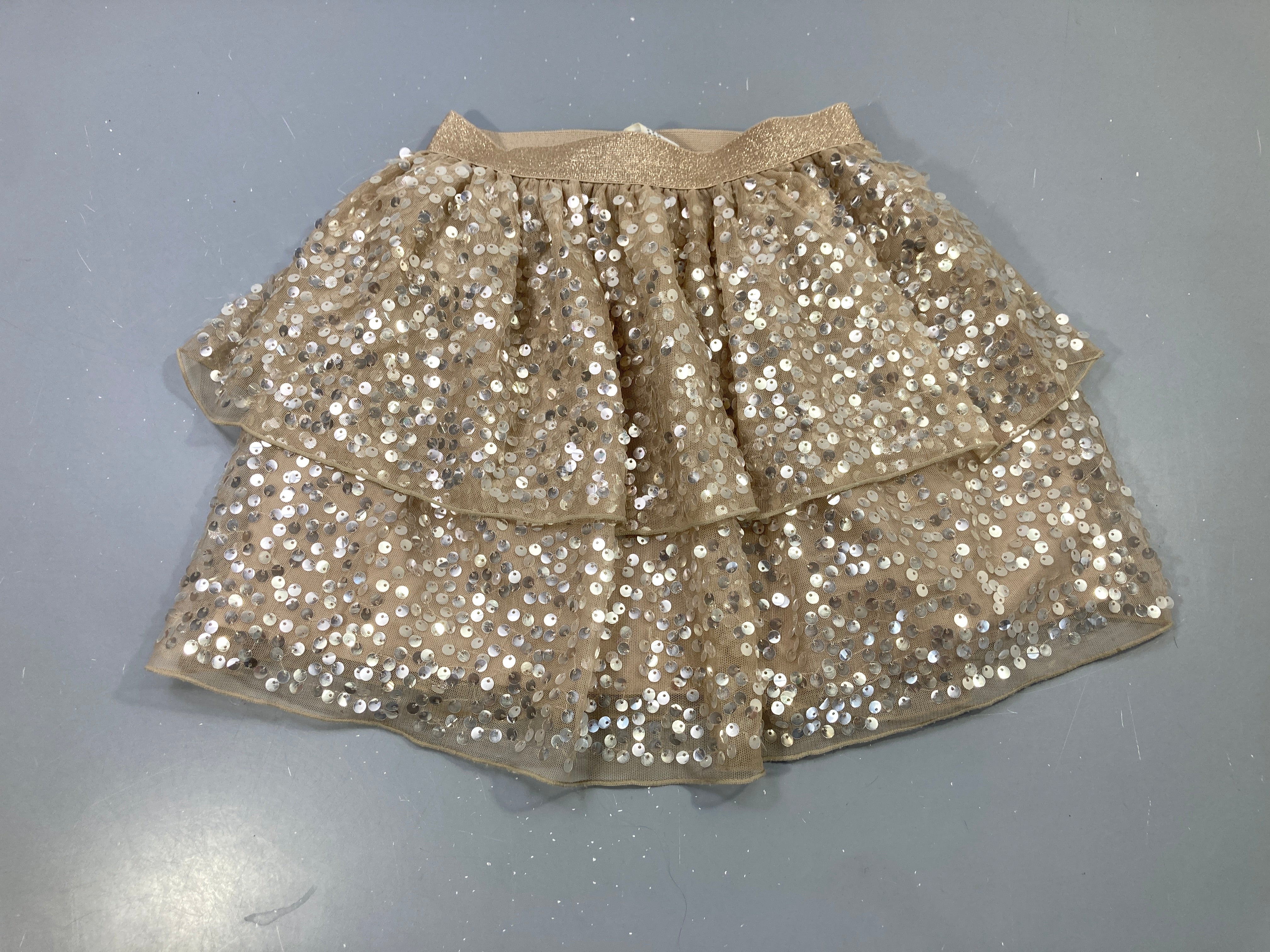 Jupe dorée tulle sequins 2 volants, taille élastique sequins