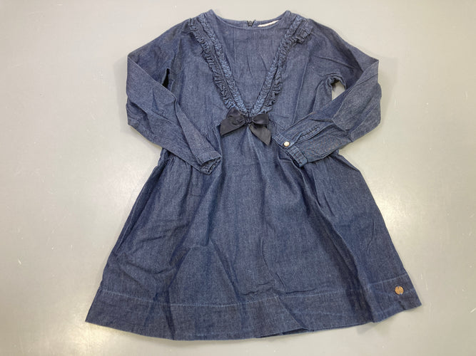 Robe m.l bleu foncé jean, volants plastron, noeud marine, moins cher chez Petit Kiwi
