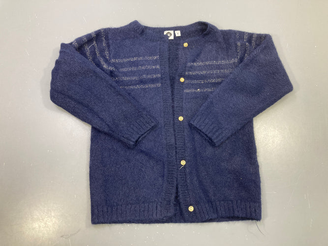 Gilet bleu marine maille duveteux, rayures sequins argentées, boutons dorés, moins cher chez Petit Kiwi