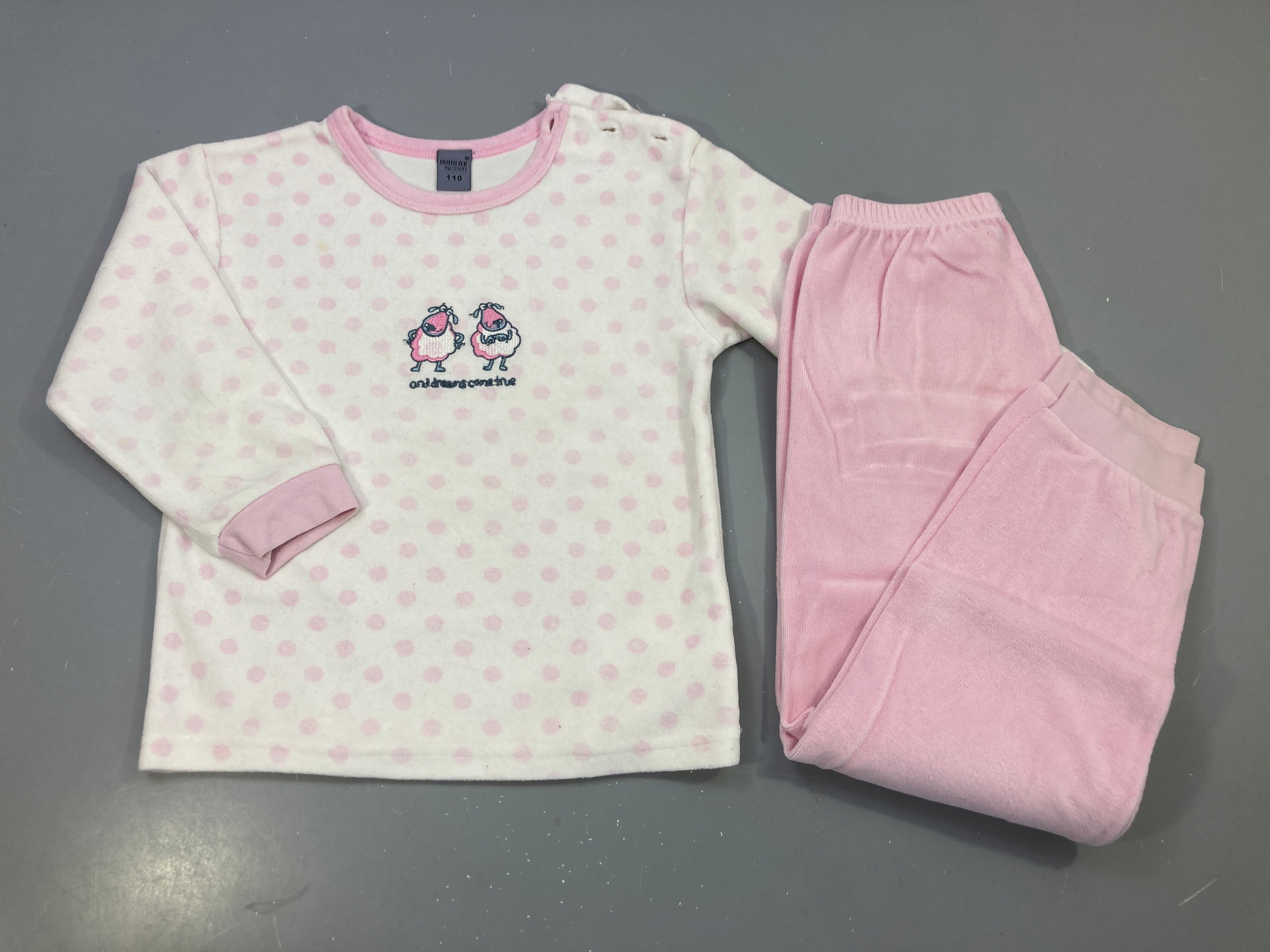 Pyjama 2pcs velours écru pois roses moutons, bas rose, Outfitter