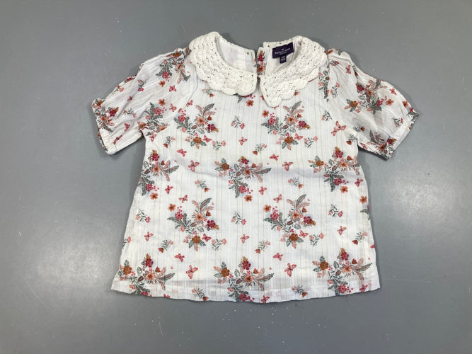 Blouse m.c blanche fleurs col broderies, moins cher chez Petit Kiwi