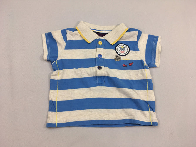 Polo m.c jersey bleu rayé gris écusson, légèrement bouloché, moins cher chez Petit Kiwi