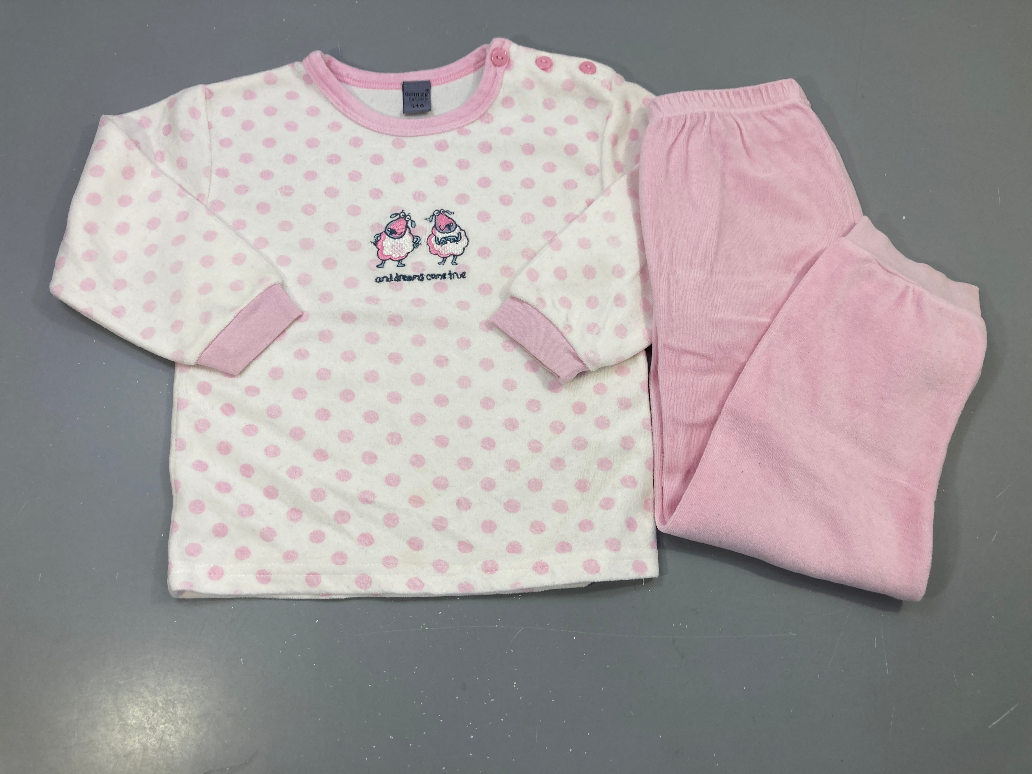 Pyjama 2pcs velours écru pois roses moutons, bas rose, Outfitter, petit tache