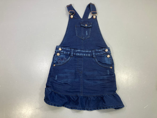 Robe salopette en jean, volant, boutons coeurs, moins cher chez Petit Kiwi