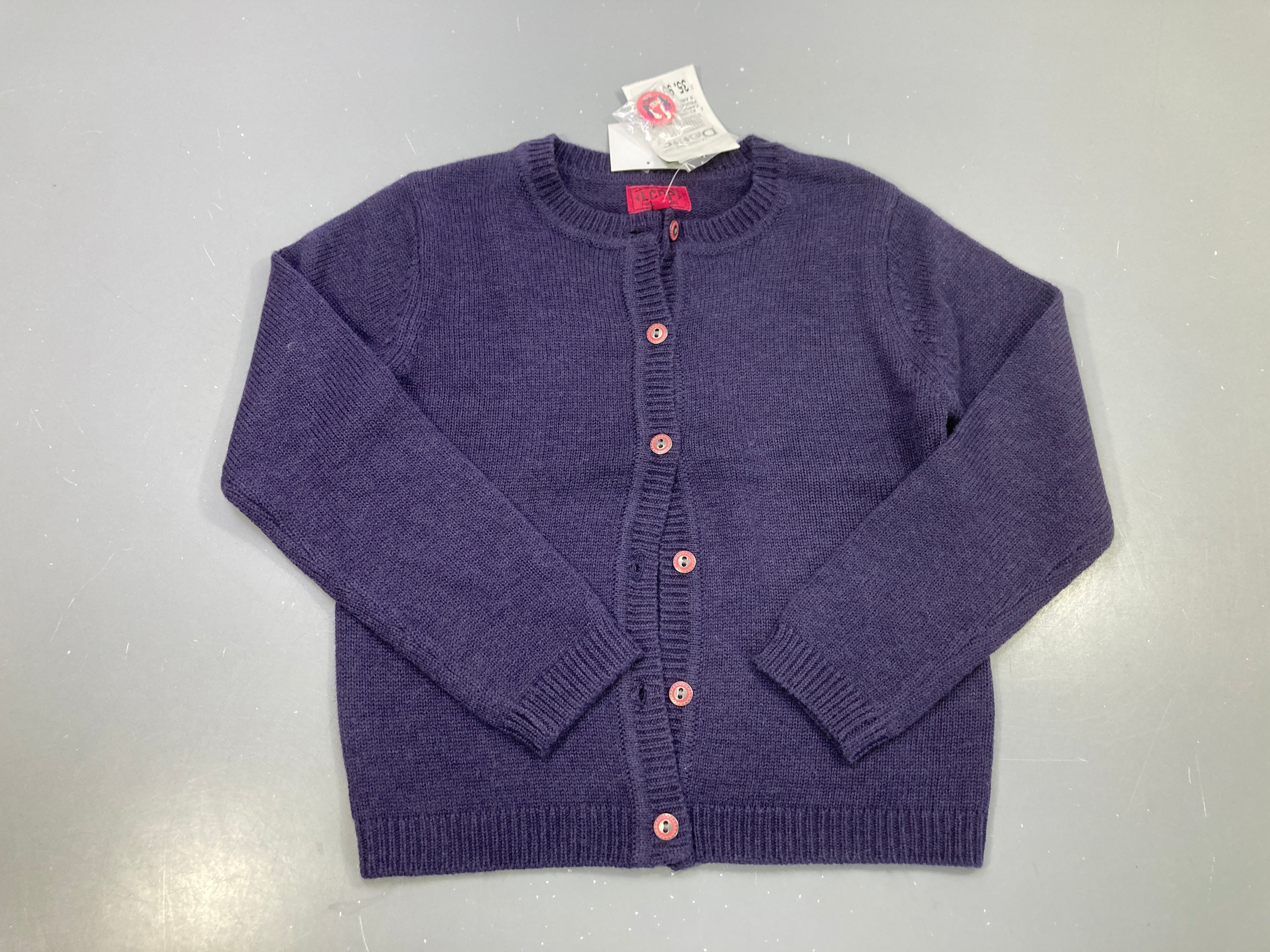 Neuf,Gilet bleu nuit maille, boutons roses, 6%laine