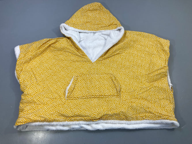 Poncho à capuche moutarde petites feuilles blanches, doublure fausse fourrure, poche kangourou, moins cher chez Petit Kiwi