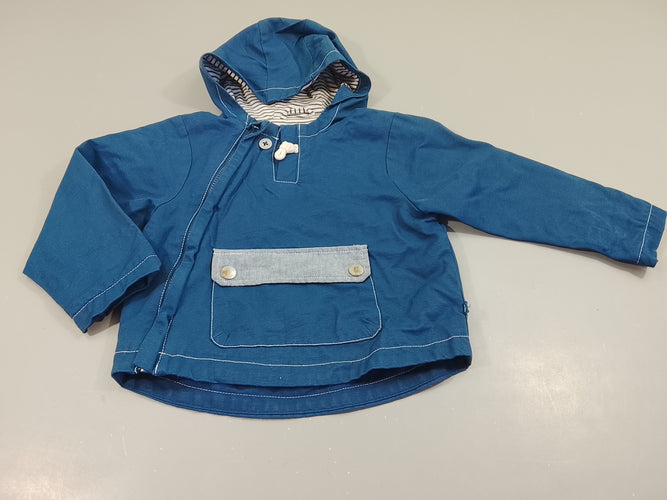 Veste bleue zippée à capuche , poche ventrale, moins cher chez Petit Kiwi
