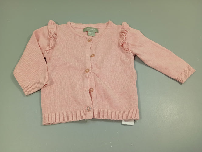 Gilet rose clair volants aux manches, boutons pailletés. Légèrement bouloché, moins cher chez Petit Kiwi