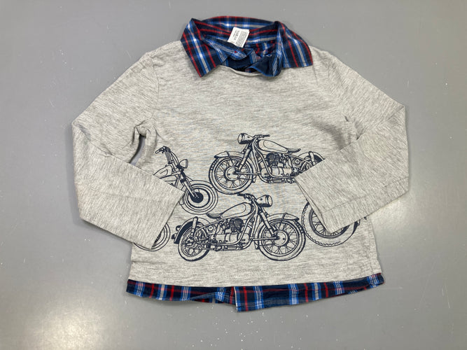 T-shirt m.l gris chiné motos, col et bas chemise carreaux effet 2 en 1, moins cher chez Petit Kiwi