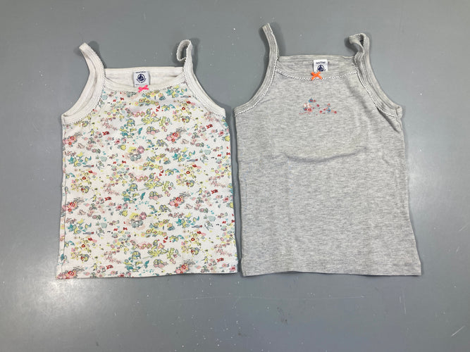 2 chemisettes fines bretelles gris chiné/blanc fleurs, moins cher chez Petit Kiwi
