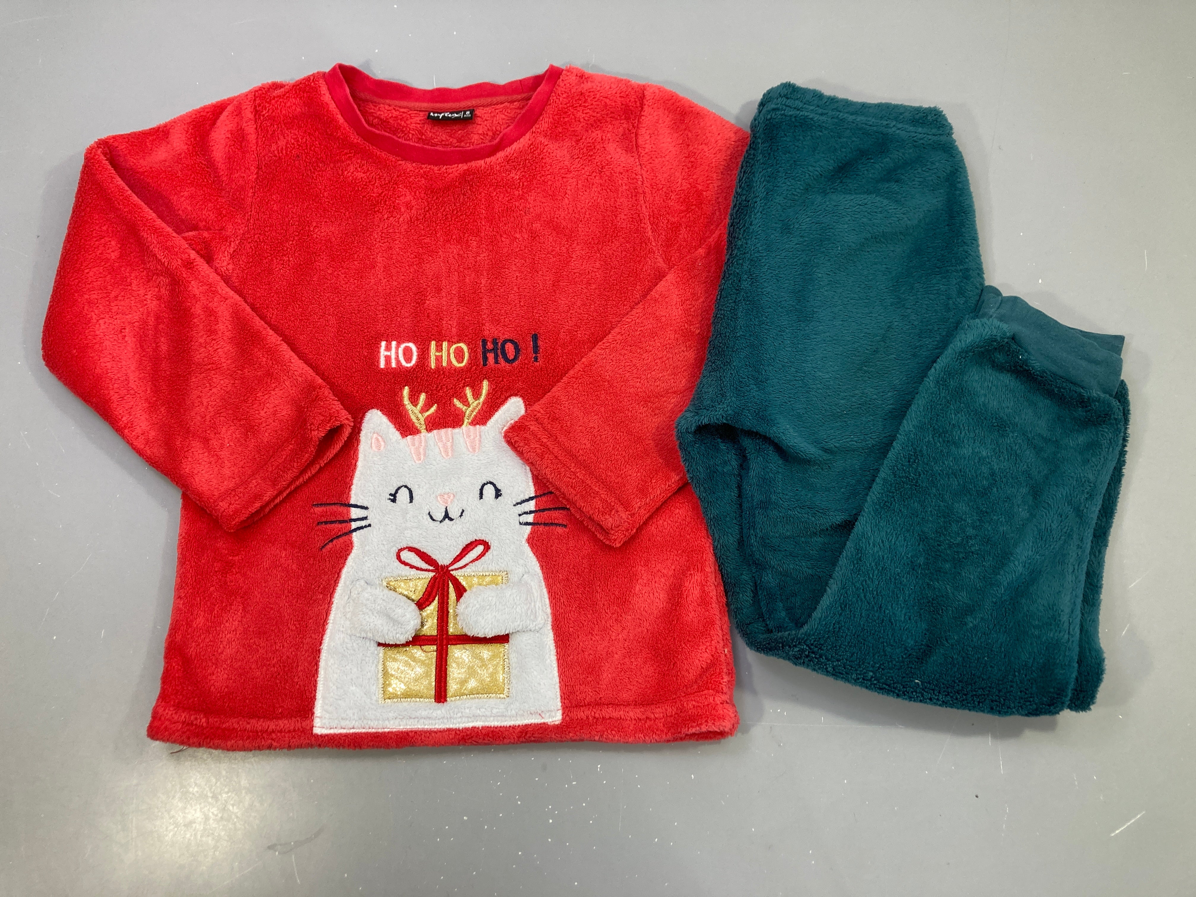 Pyjama 2pcs polaire rouge et vert canard, chat cadeau Ho Ho Ho