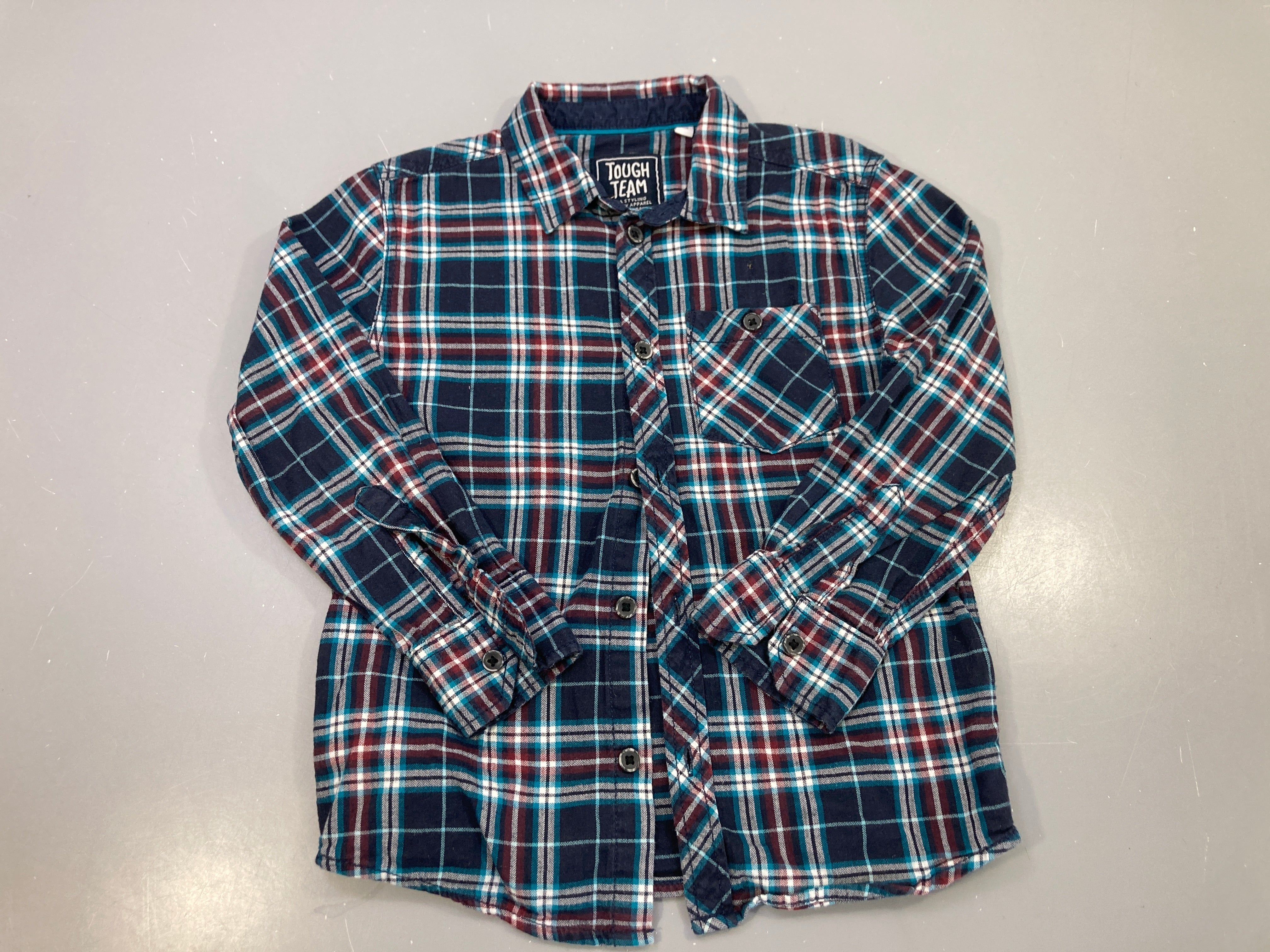 Chemise m.l bleu marine carreaux bordeaux turquoise, flanelle, Tough Team