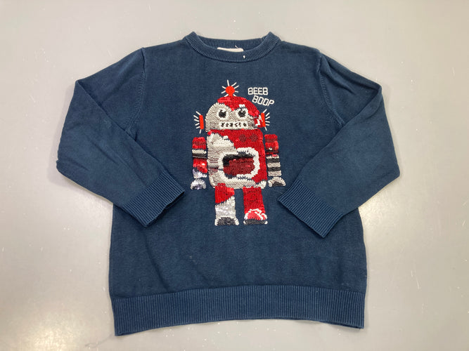 Pull bleu marine robot sequins réversibles « Beeb boop », moins cher chez Petit Kiwi