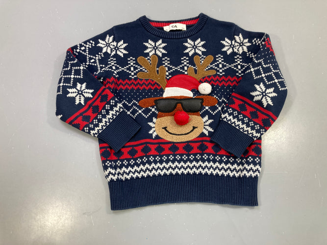 Pull de Noël bleu marine renne lunettes, jacquard flocons, moins cher chez Petit Kiwi