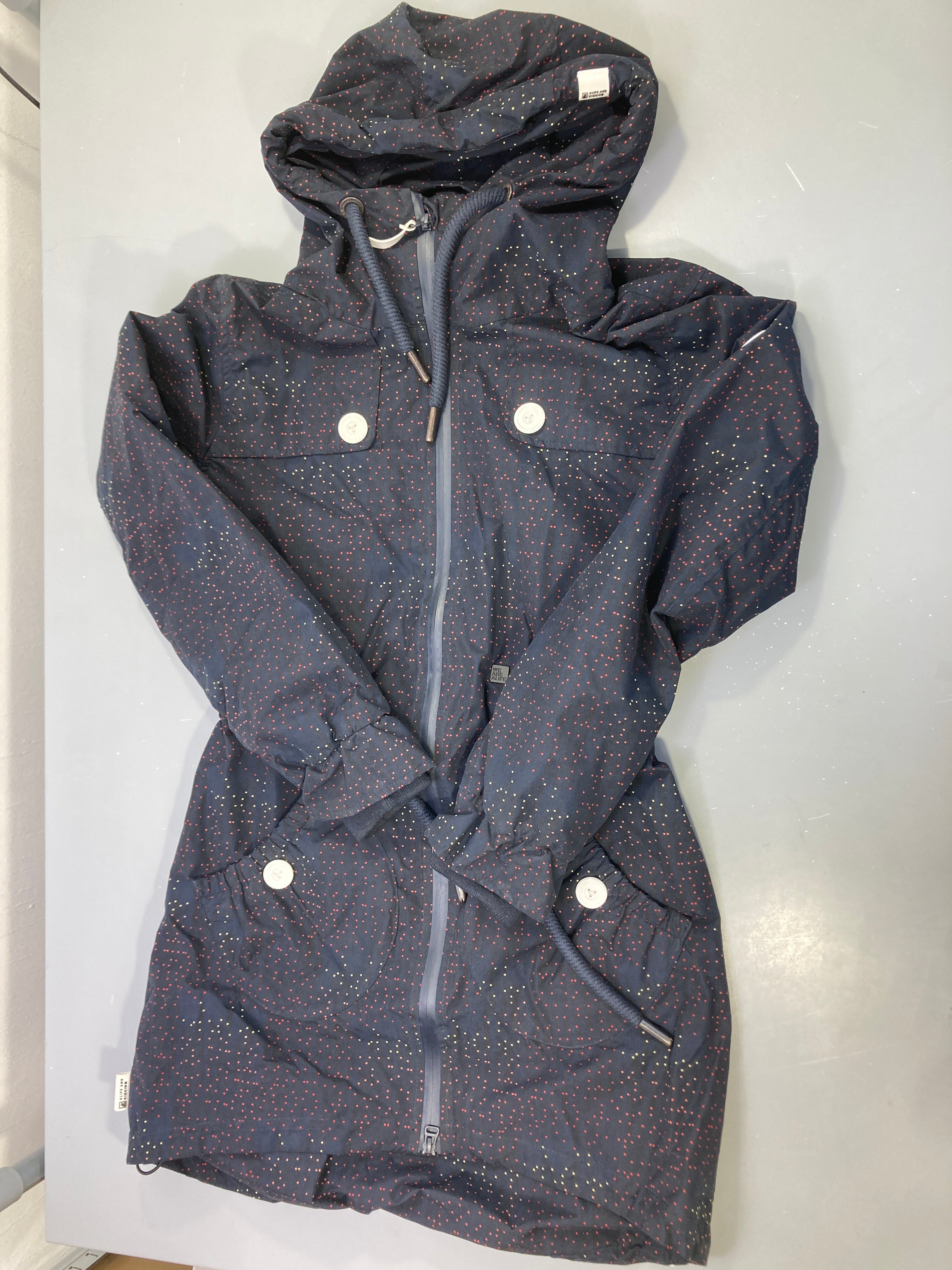 Parka bleu marine pois multicolores zippée, capuche, cordon taille, Alife and Kickin