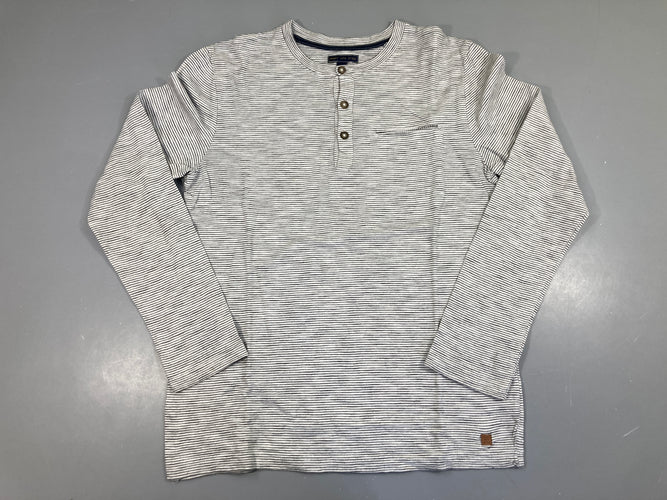 T-shirt m.l blanc rayé bleu marine, un peu bouloché, moins cher chez Petit Kiwi