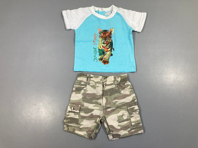 T-shirt m.c bleu/blanc tigre + bermuda cargo camouflage kaki, moins cher chez Petit Kiwi