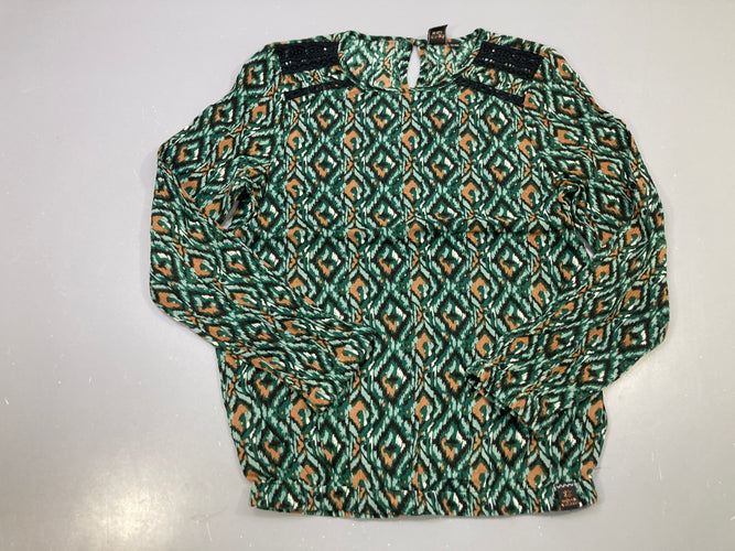 Blouse m.l verte imprimé ikat marron, dentelle noire aux épaules, Indian Blue Jeans, moins cher chez Petit Kiwi