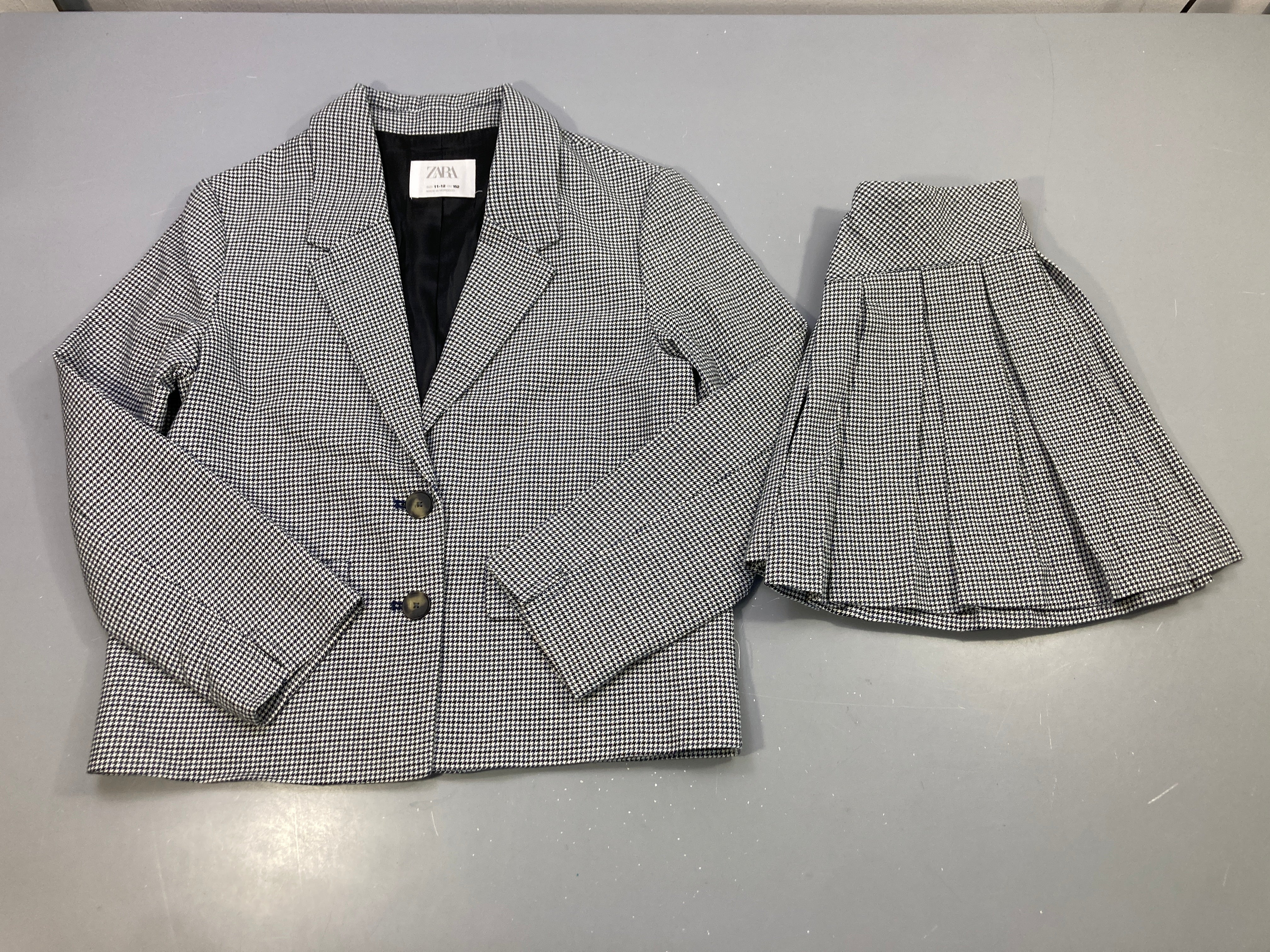 Ensemble 2pcs blazer + jupe plissée noir et blanc pied-de-poule