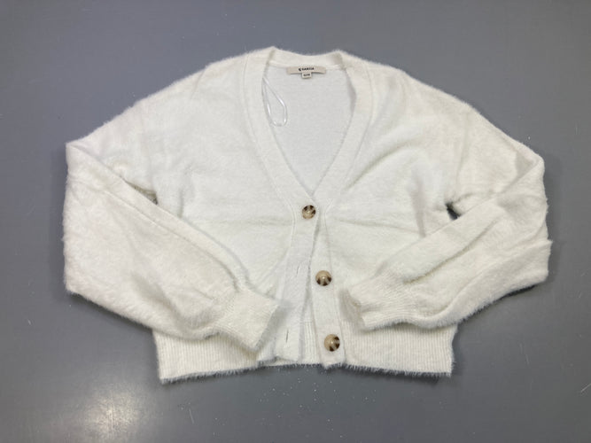 Gilet écru duveteux boutonné, manches bouffantes, moins cher chez Petit Kiwi