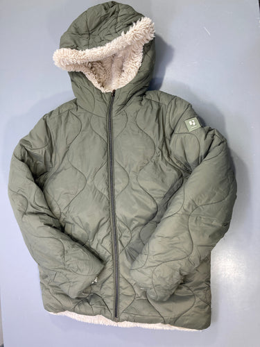 Doudoune rréversible kaki matelassée zippée, capuche, doublure sherpa écru, moins cher chez Petit Kiwi