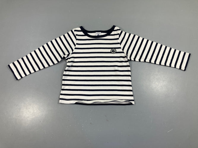 T-shirt m.l épais bleu marine rayé blanc, un peu bouloché, moins cher chez Petit Kiwi