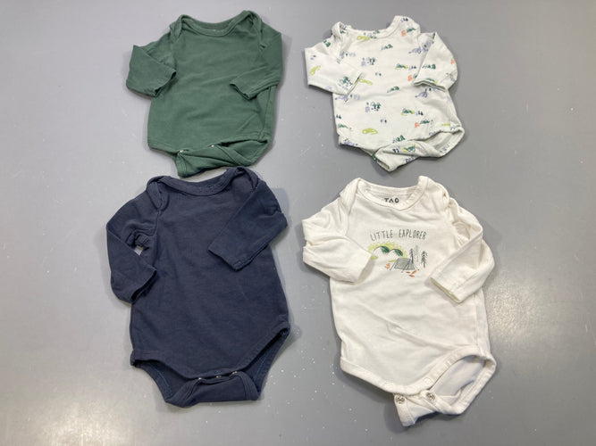 Lot de 4 bodies ml , vert, bleu marine, blanc  "little explorer", 1 blanc motifs camping, moins cher chez Petit Kiwi