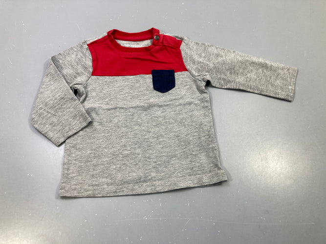 T-shirt m.l gris flammé, rouge, poche bleu marine, moins cher chez Petit Kiwi