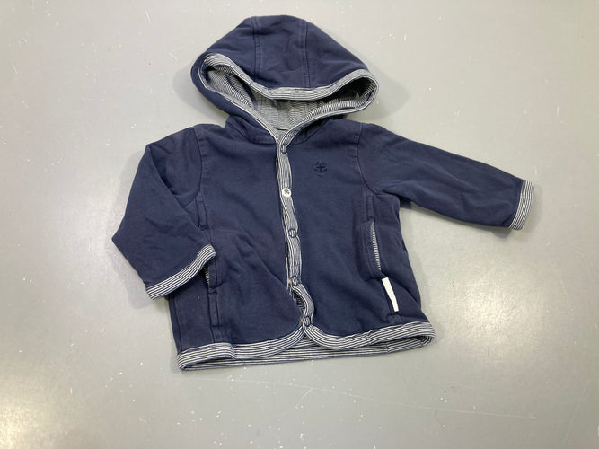 Gilet à capuche réversible bleu marine / bleu marine rayé blanc. Pas de taille indiquée estimée 3m, moins cher chez Petit Kiwi