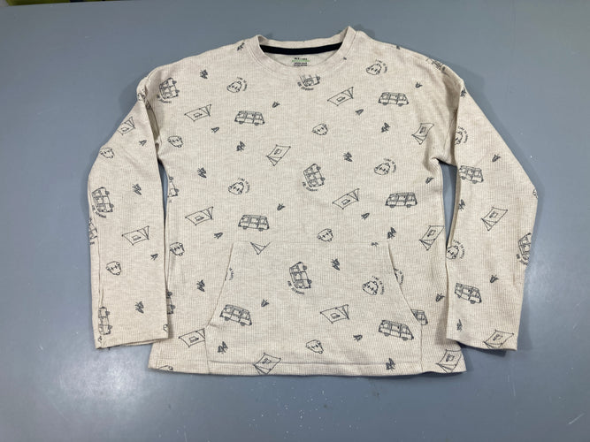 Pull texturé beige camping, petit trou près de la poche avant, moins cher chez Petit Kiwi