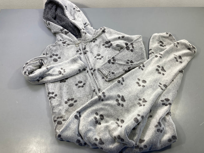 Surpyjama à capuche gris clair, emprintes de pattes, moins cher chez Petit Kiwi