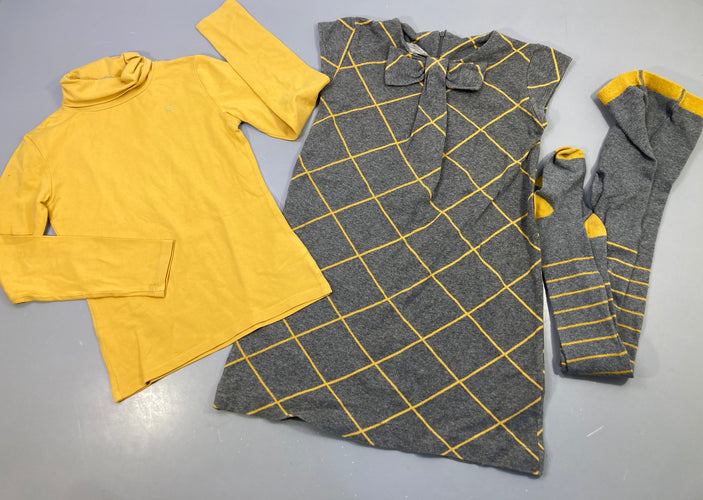 Ensemble Robe m.c grise à carreaux jaune + T-shirt m.l col roulé jaune+ collants gris et jaune, moins cher chez Petit Kiwi