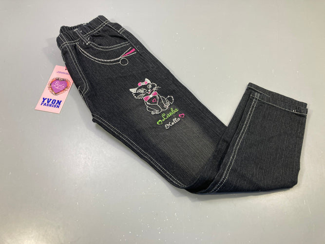 Neuf Pantalon denim  noir, chatton "Lanba Hello", taille élastique, moins cher chez Petit Kiwi
