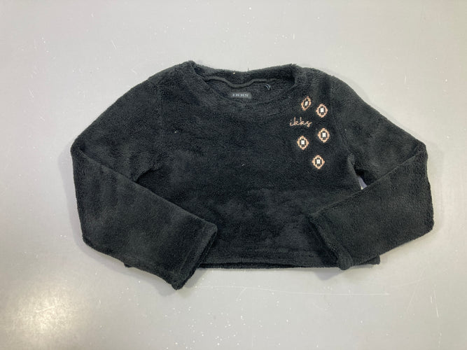 Pull noir duveteux court, motifs brodés rose cuivré, moins cher chez Petit Kiwi