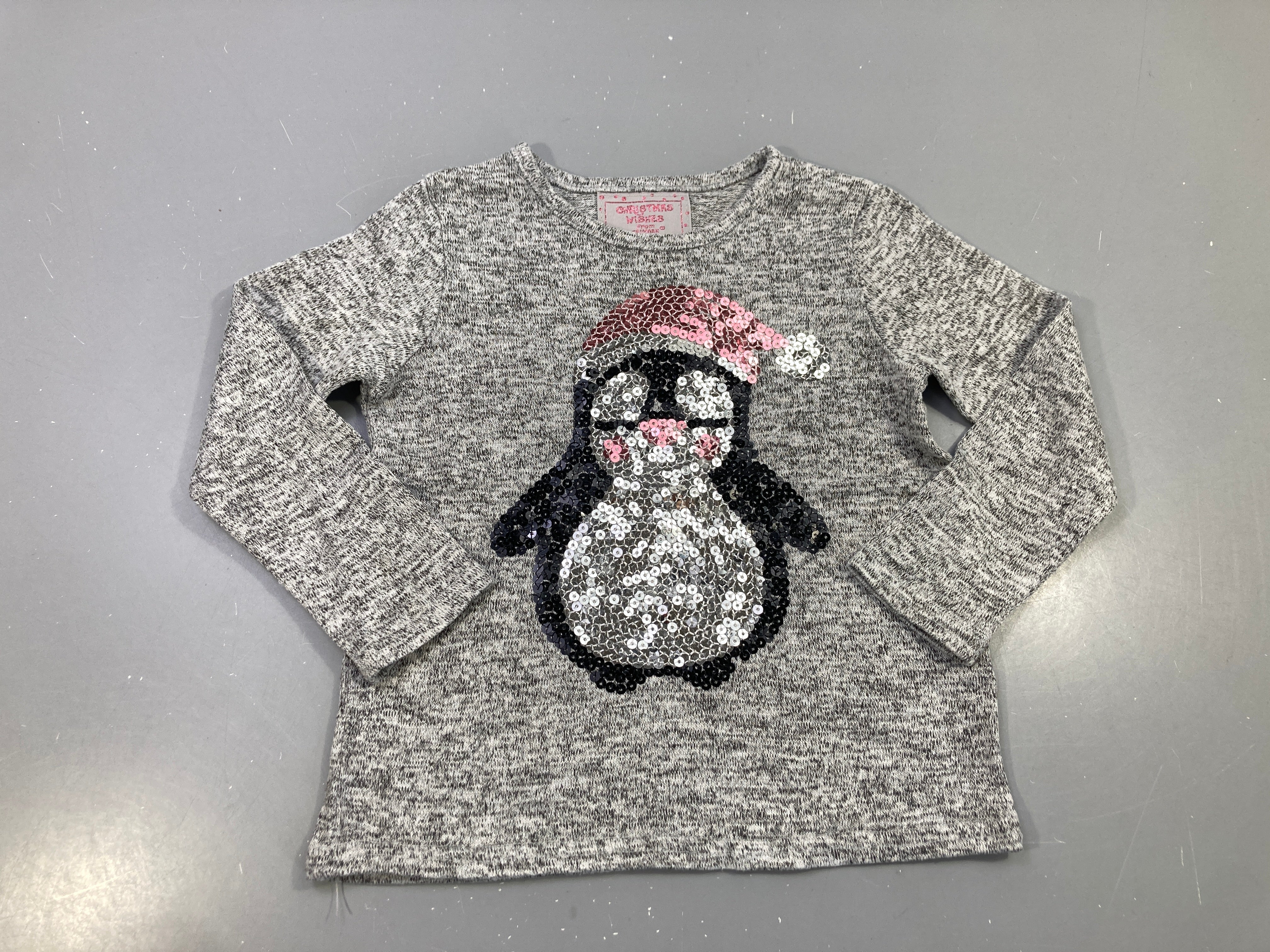 Pull léger gris chiné pingouin sequins bonnet rose