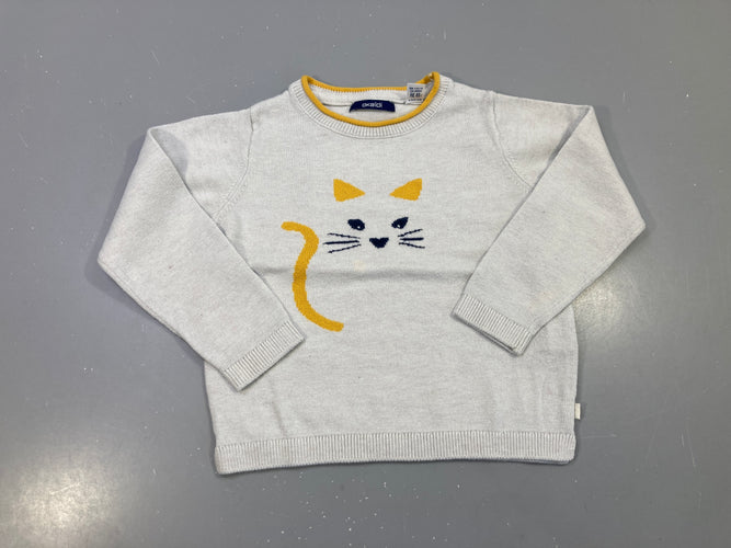 Pull gris clair maille fine chat jaune moutarde, moins cher chez Petit Kiwi