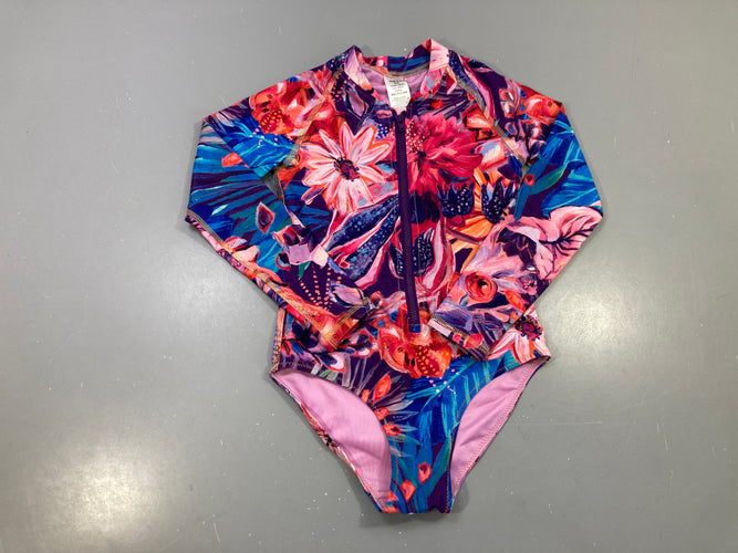 Maillot de bain 1 pièce manches longues zippé multicolore fleurs tropicales, moins cher chez Petit Kiwi